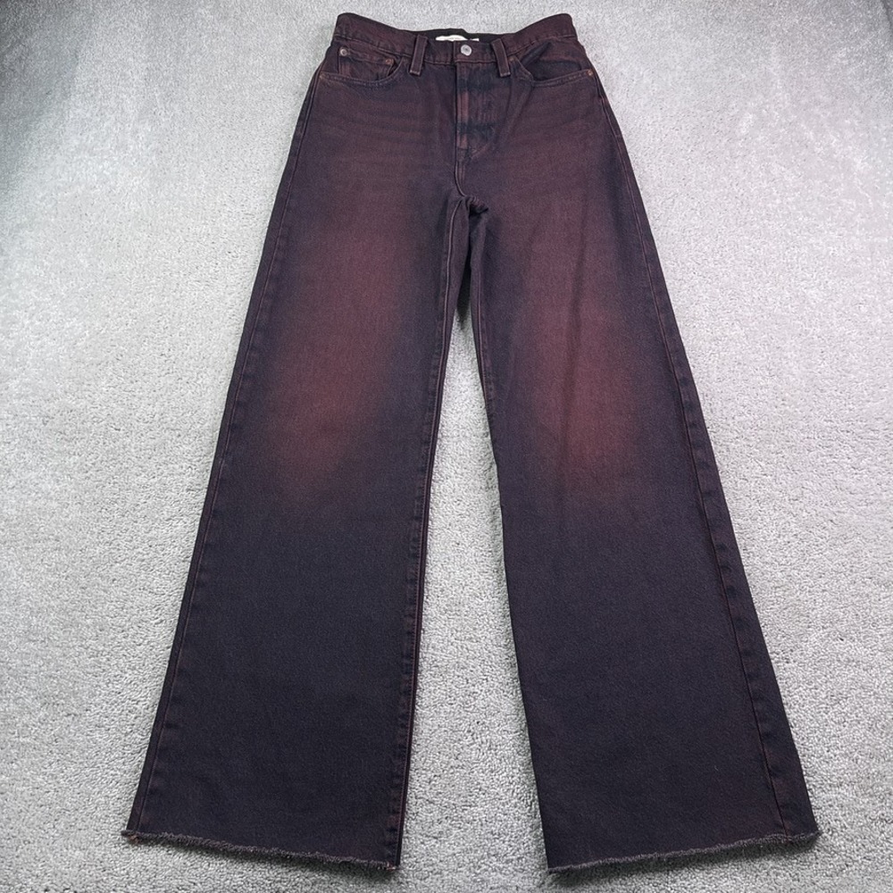 Levis Jeans Womens 26 Burgundy Ribcage Wide Leg High Rise Raw Hem Streetwear